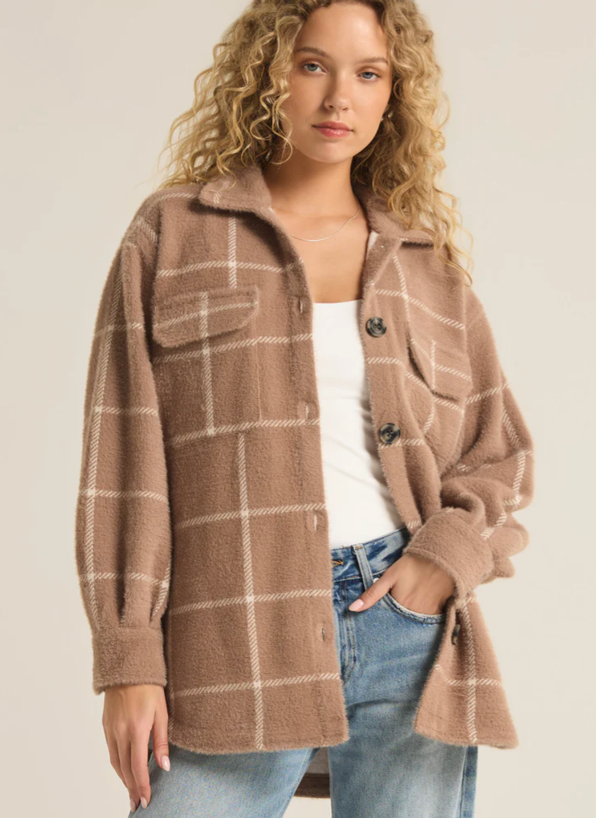 Z Supply: Plaid Tucker Jacket-Heather Taupe-2- Tops Over-Z SUPPLY-Usher & Co - Women's Boutique Located in Atoka, OK and Durant, OK